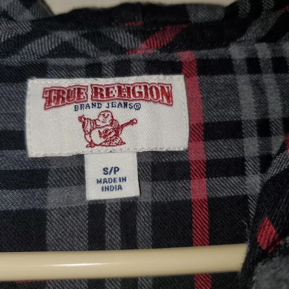 True Religion Mens Plaid Utility Hoodie Black Red Hooded Flannel Shirt Small